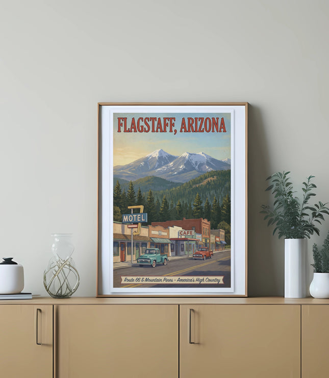 Flagstaff, Arizona poster featuring Route 66, mountains, and retro buildings.
