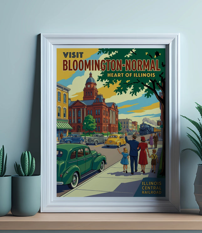 Visit Bloomington-Normal Heart of Illinois vintage poster with train and cars.