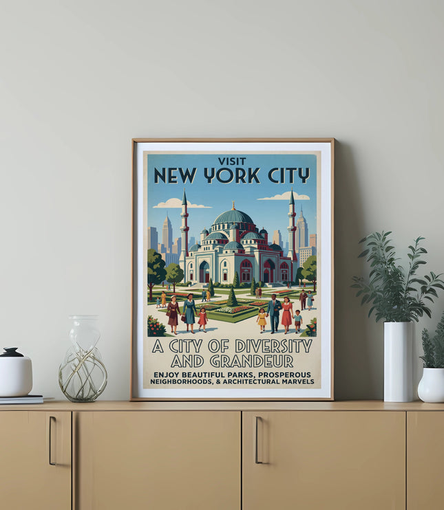 Vintage New York City travel poster with mosque and skyline. Keywords: Diversity, Grandeur.
