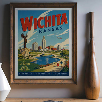 Wichita Kansas vintage travel poster with city skyline, river, and text.