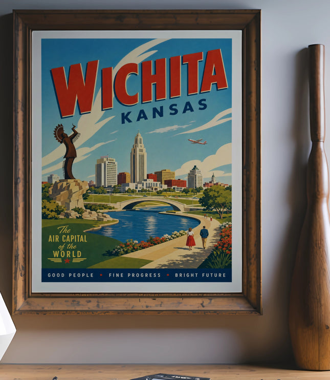 Wichita Kansas vintage travel poster with city skyline, river, and text.