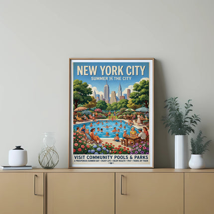 New York City Summer in the City poster with people at a pool.