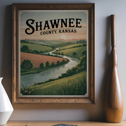 Vintage "Shawnee County, Kansas" landscape poster with rolling hills and river.