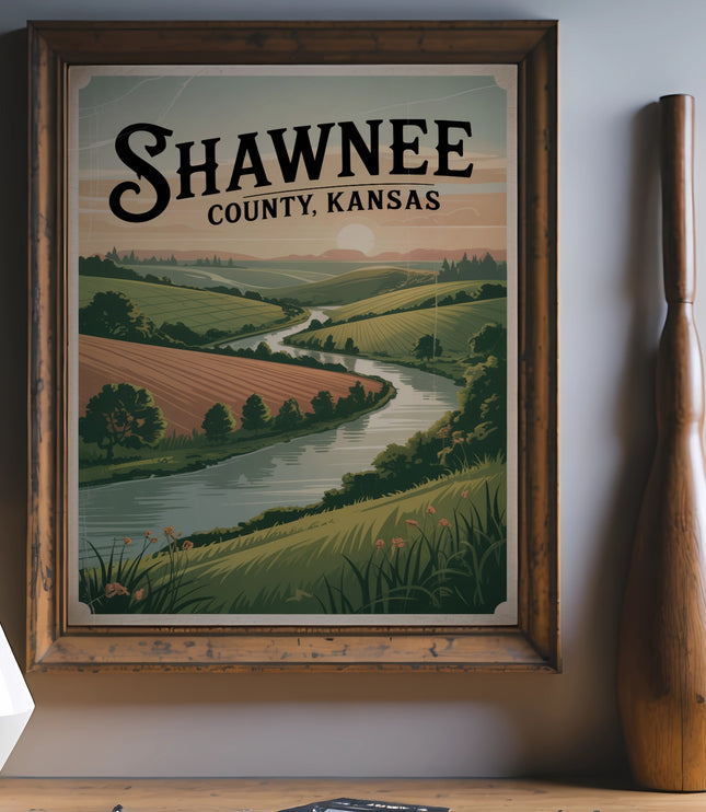 Vintage "Shawnee County, Kansas" landscape poster with rolling hills and river.