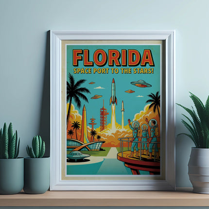 Retro Florida spaceport poster with rockets launching and palm trees.
