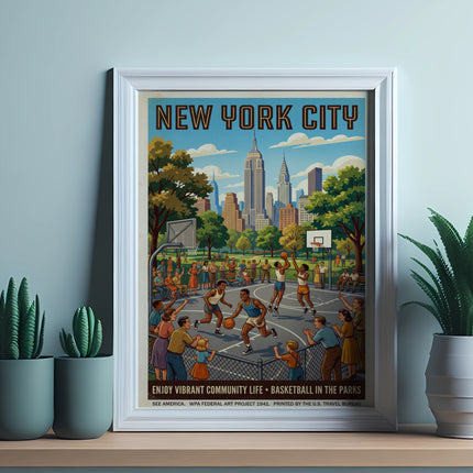 New York City park scene with people playing basketball, vintage WPA poster.
