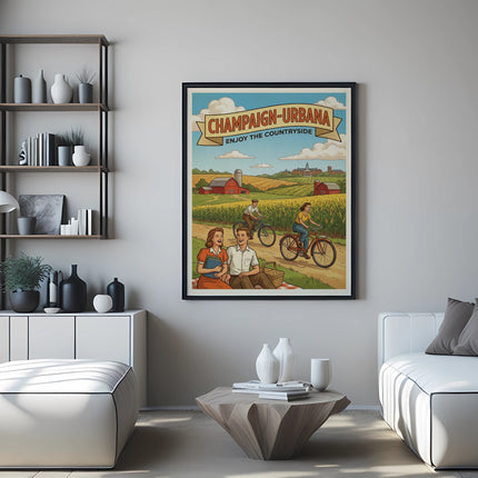 Framed poster featuring a vintage countryside scene with people biking and picnicking.