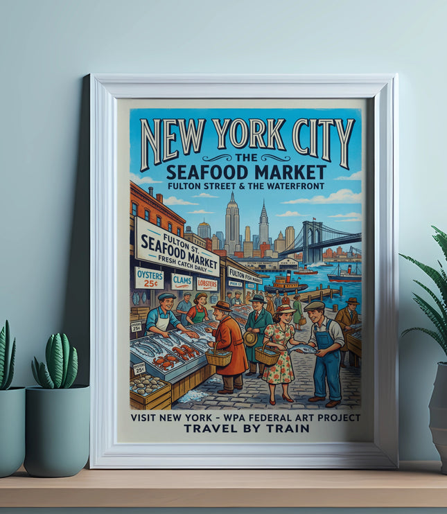 New York City Seafood Market vintage poster with text and scene of vendors and city skyline.