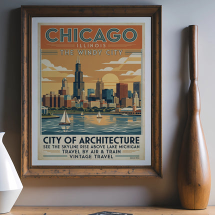 Chicago skyline vintage travel poster, "City of Architecture," featuring Lake Michigan with sailboats.