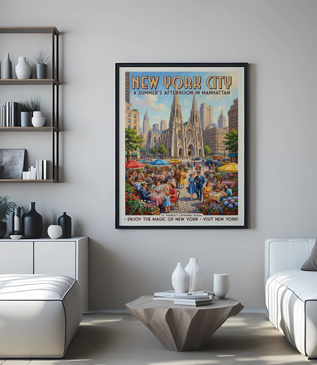 "New York City A Summer's Afternoon in Manhattan" vintage travel poster.