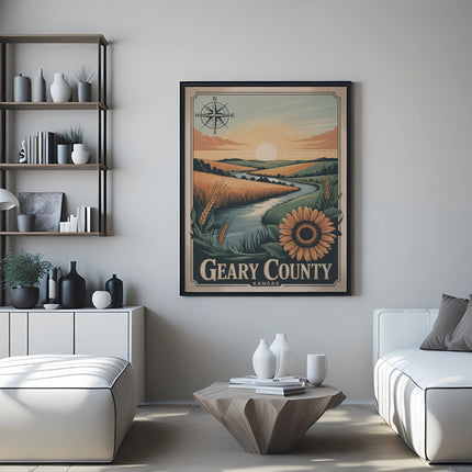 Poster for Geary County featuring a sunflower field and river landscape.
