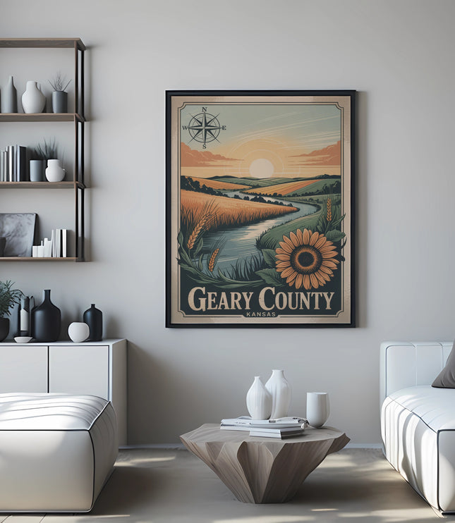 Poster for Geary County featuring a sunflower field and river landscape.
