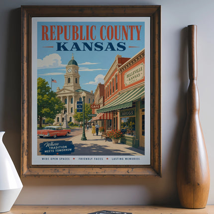 Republic County, Kansas vintage travel poster with town square scene.