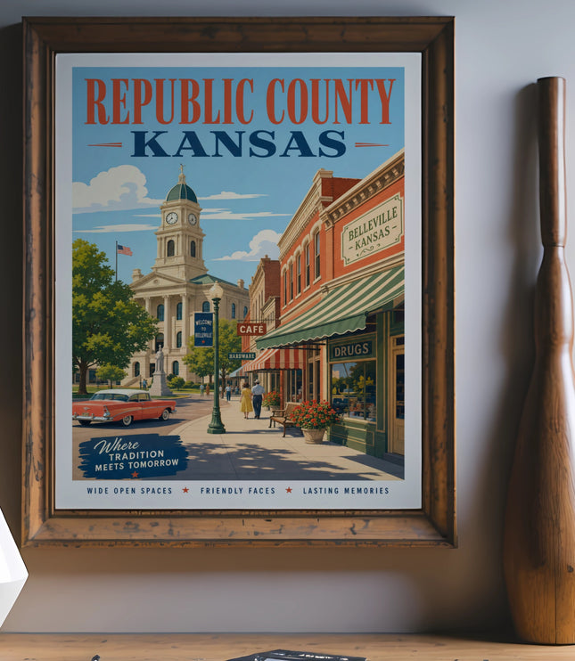 Republic County, Kansas vintage travel poster with town square scene.