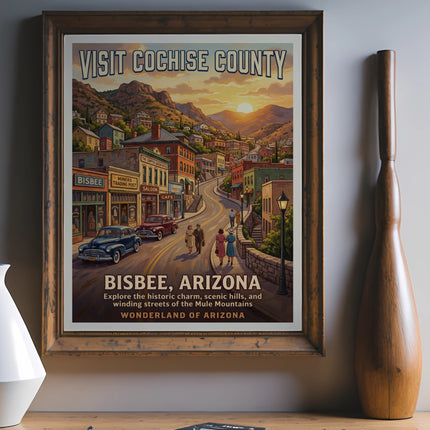 Vintage travel poster for Bisbee, Arizona, featuring a street scene with cars and people.