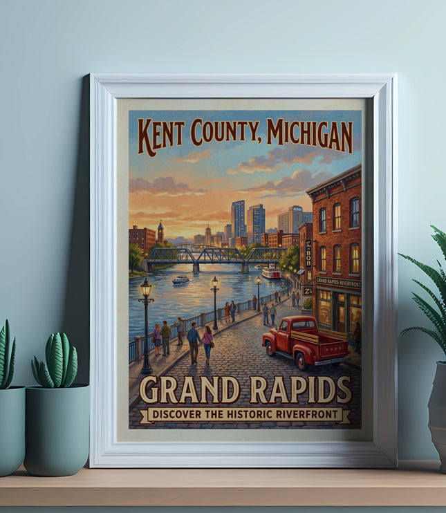 Kent County, Michigan poster showing Grand Rapids riverfront with buildings and a truck.