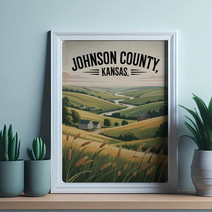 Framed landscape painting of Johnson County, Kansas, with rolling hills and a river.