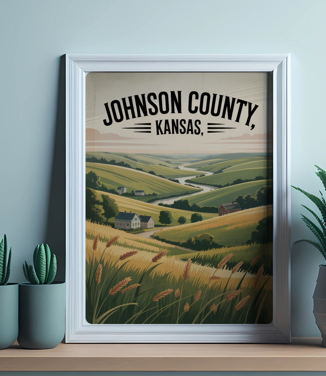 Framed landscape painting of Johnson County, Kansas, with rolling hills and a river.