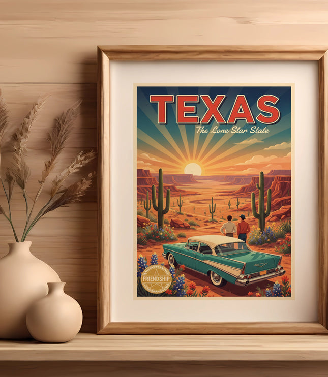 Framed Texas "The Lone Star State" travel poster with vintage car and desert scene.