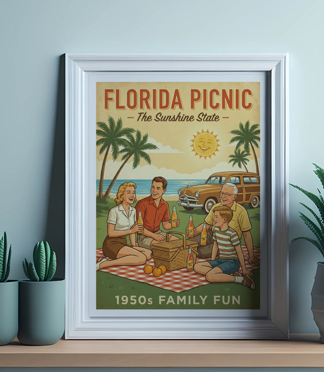 Retro Florida picnic poster with family, vintage car, and palm trees.