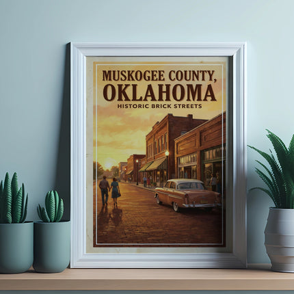 Framed print depicting Muskogee County, Oklahoma with historic brick streets and a vintage car.