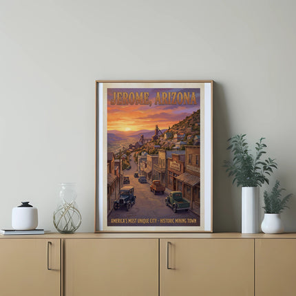 Jerome, Arizona poster depicts a vintage mining town with old cars and sunset.