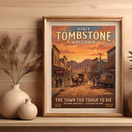 Visit Tombstone Arizona poster with vintage street scene and text.