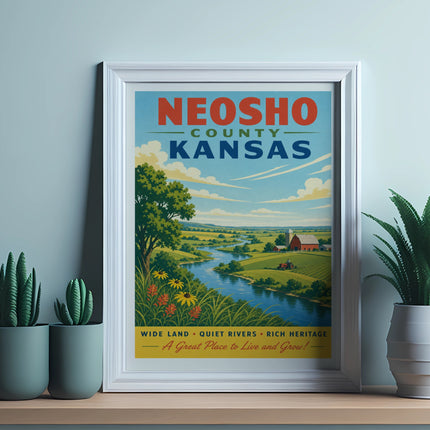 Neosho County Kansas poster with a river, farm, and text "A Great Place to Live and Grow!".