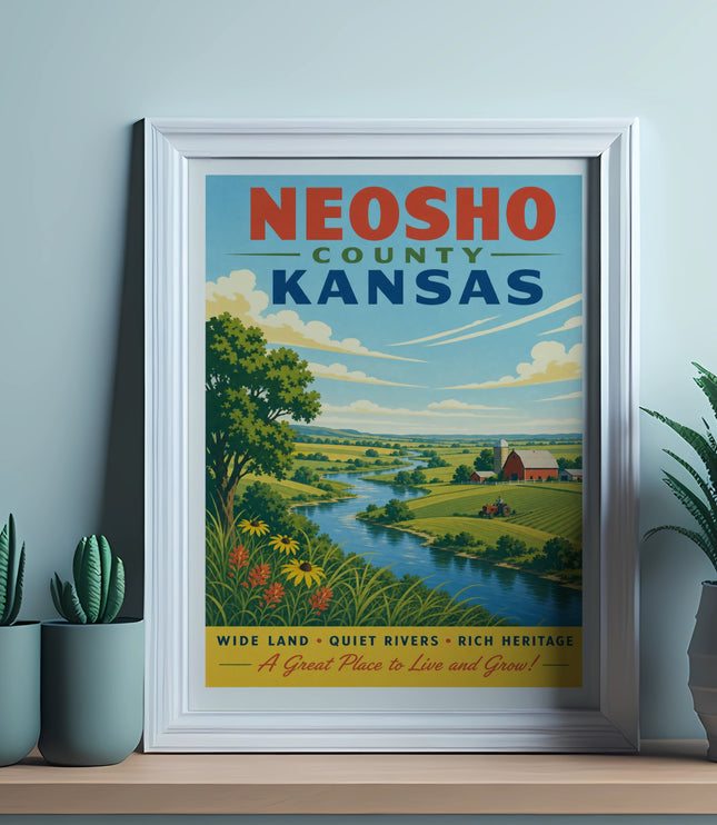 Neosho County Kansas poster with a river, farm, and text "A Great Place to Live and Grow!".