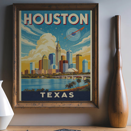 Vintage "Houston Texas" poster with city skyline, rocket, and palm trees.