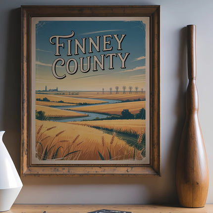 Vintage Finney County travel poster with wheat fields and windmills.