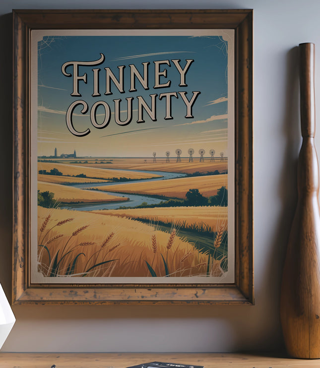 Vintage Finney County travel poster with wheat fields and windmills.