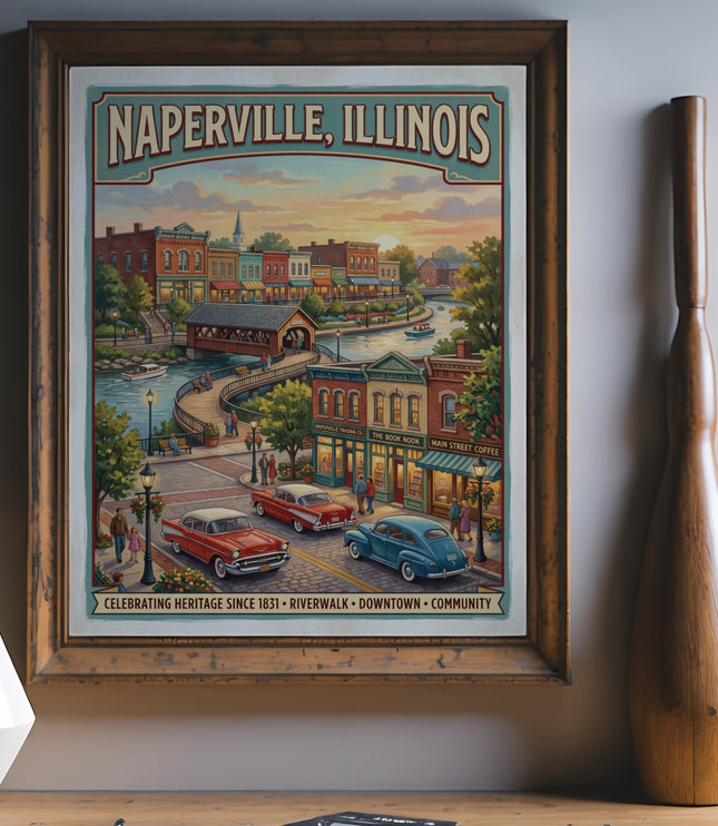 Naperville, Illinois vintage poster with downtown street scene, river, and cars.