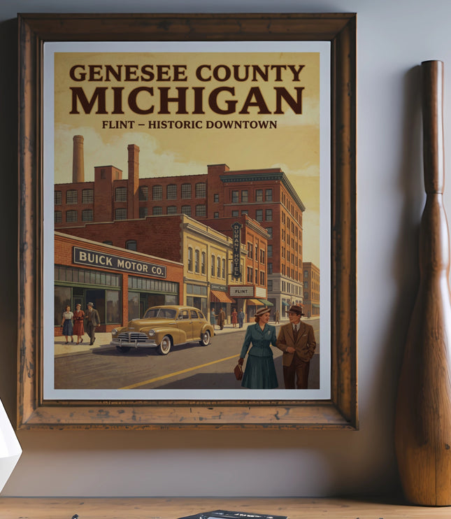Framed artwork depicting Genesee County Michigan historic downtown Flint with buildings and vintage car.