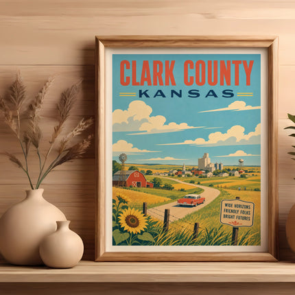Vintage Clark County, Kansas travel poster with car, sunflowers, and farm scene.