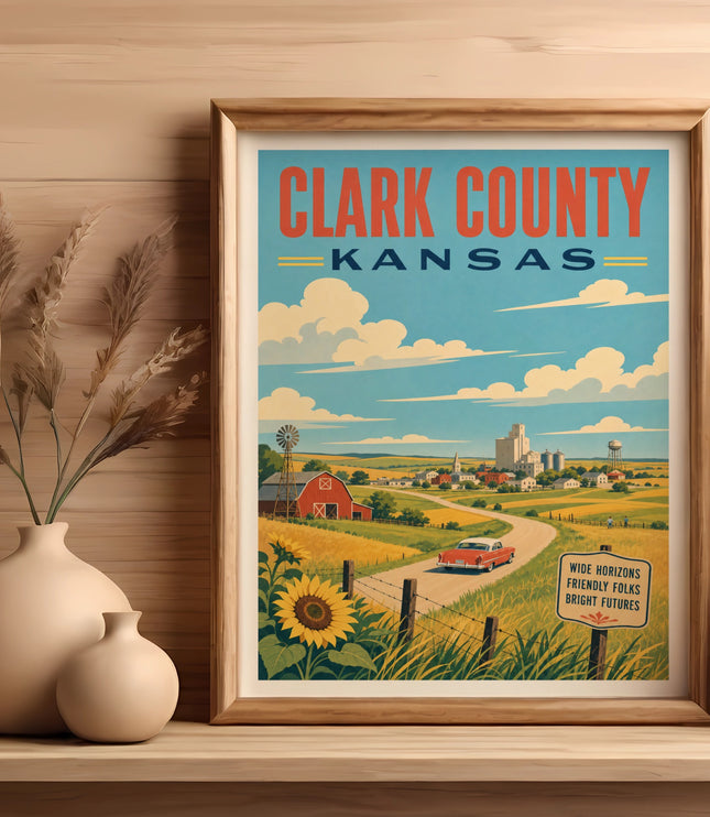 Vintage Clark County, Kansas travel poster with car, sunflowers, and farm scene.