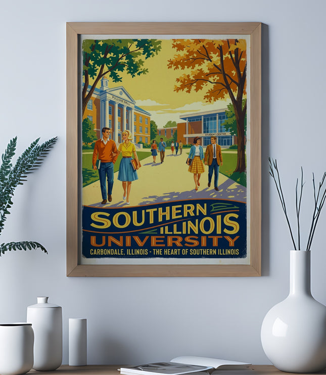 Southern Illinois University Carbondale vintage illustration poster with campus buildings and students.