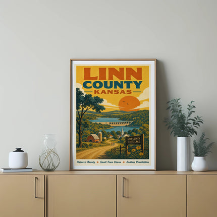 Linn County, Kansas vintage travel poster with sun, lake, and dam.