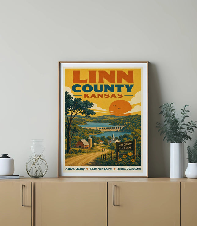 Linn County, Kansas vintage travel poster with sun, lake, and dam.