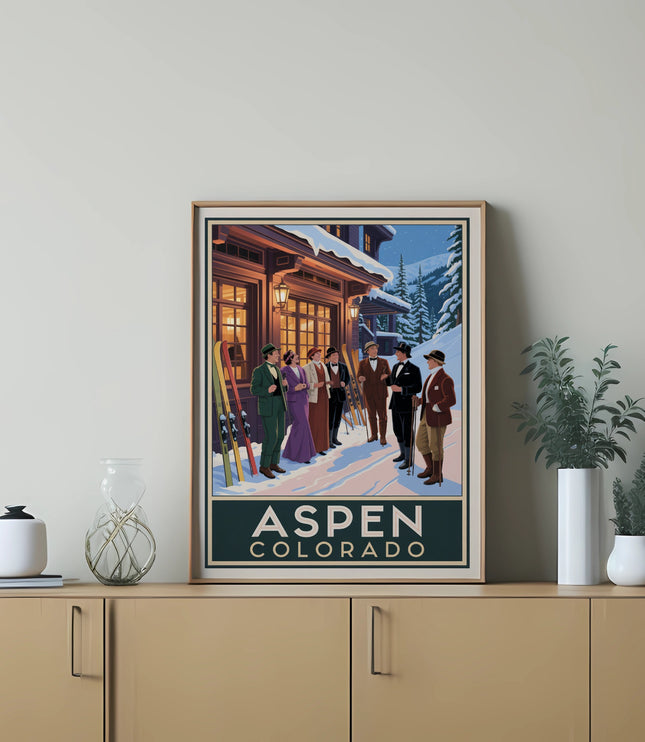 Vintage poster of people in ski attire outside Aspen, Colorado building.
