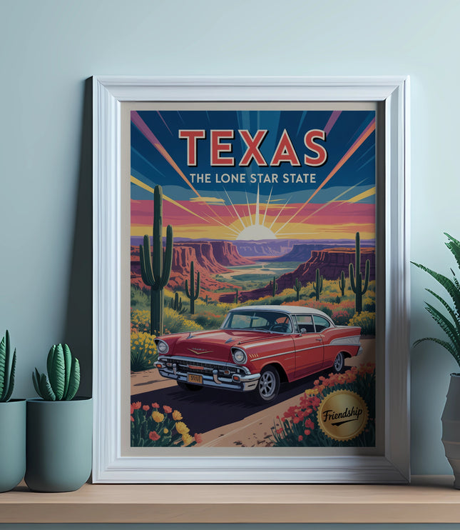 Framed art print featuring a vintage red car driving through an illustrated Texas desert landscape.