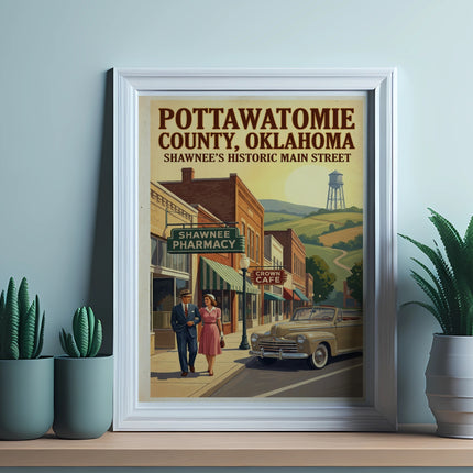 Pottawatomie County, Oklahoma vintage poster featuring Shawnee's historic main street.