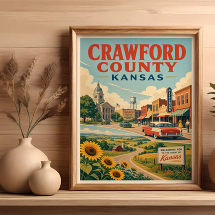Vintage Crawford County, Kansas travel poster with sunflowers and a red car.