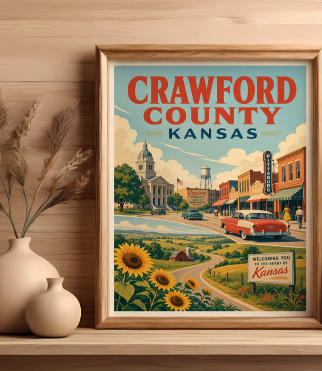 Vintage Crawford County, Kansas travel poster with sunflowers and a red car.