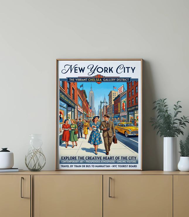 New York City poster with Chelsea Gallery District scene and text.