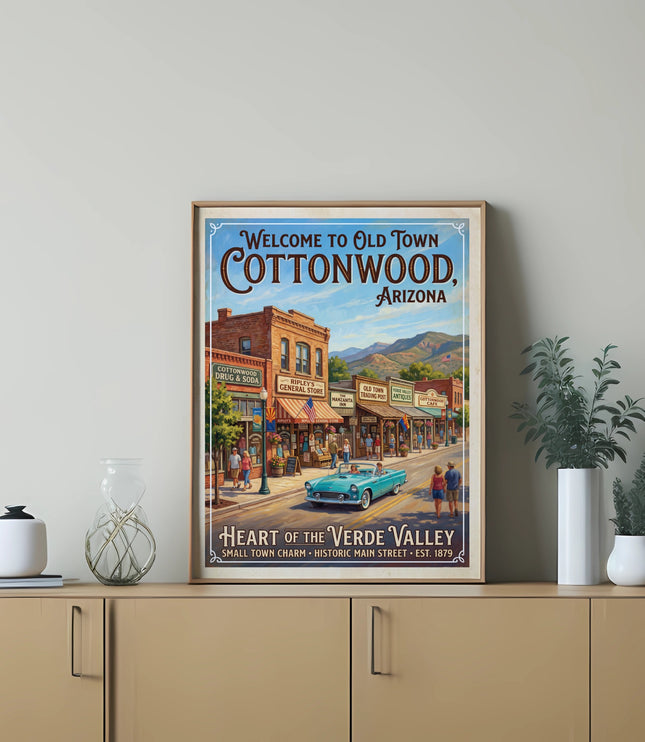 Vintage-style poster of Cottonwood, Arizona main street with shops, cars, and people.