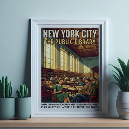 New York City Public Library vintage poster with people reading.
