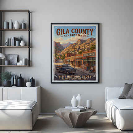 Vintage Gila County Arizona travel poster with "Visit Historic Globe" text.