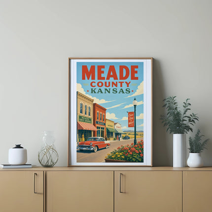 Framed vintage poster for Meade County, Kansas, featuring a red car and Main Street buildings.