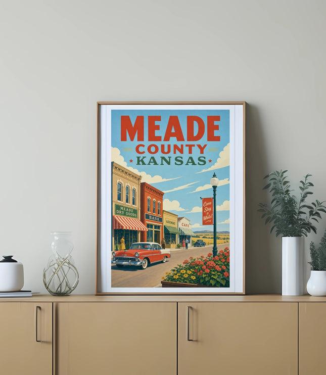 Framed vintage poster for Meade County, Kansas, featuring a red car and Main Street buildings.
